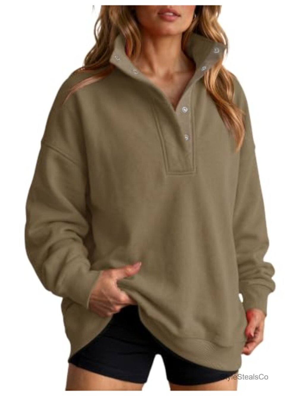 Women's Oversized Button Mock Neck Pullover Sweatshirt Cotton Blend